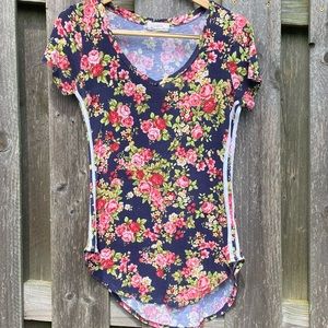 Black Rose Floral V neck Short sleeve soft tee with white side stripes l…